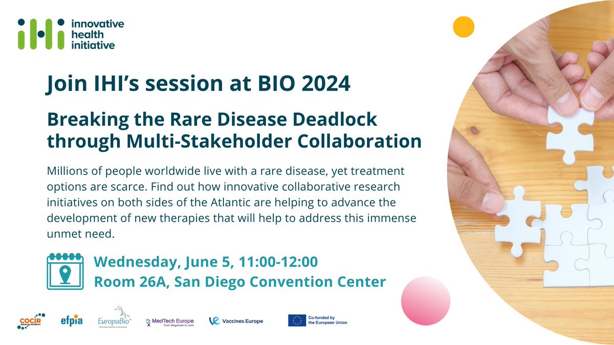 🤸‍♀️ We’re excited to be organising a session at #BIO2024! Join us & our ✨ speakers for a discussion on ‘Breaking the Rare Disease Deadlock through Multi-Stakeholder Collaboration’ on June 5 at 11:00 🌐 bit.ly/3xFTbx9 #IHITransformingHealth #RareDiseases