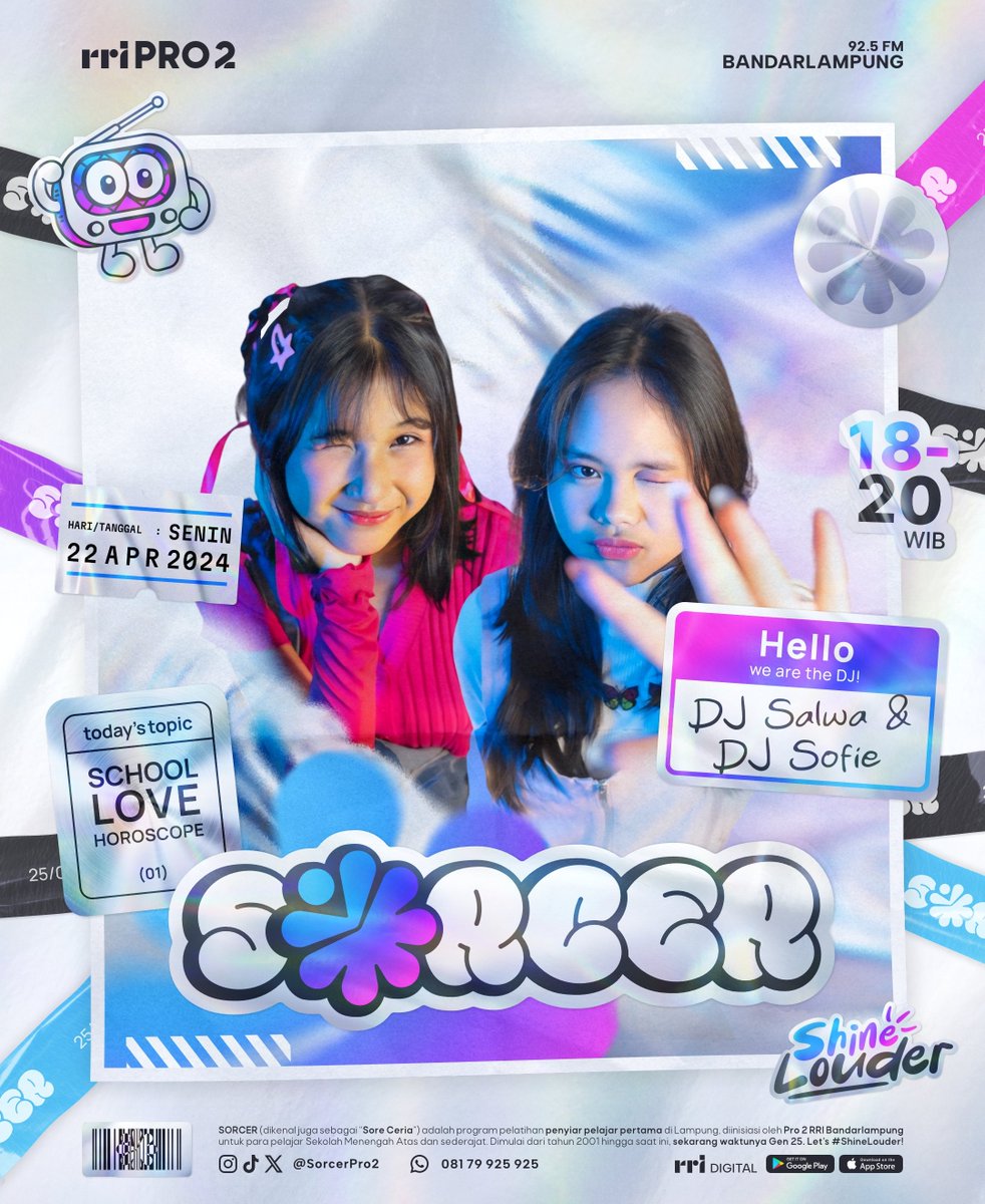 sorcerpro2's tweet photo. Senin sore ini di SORCER ada DJ Salwa dan DJ Sofie! Mereka bakal bahas School, Love, and Horoscope. Request dan titip salam, langsung ke DM atau Instagram Stories yap!

#Sorcer #Sorcer25 #ShineLouder https://t.co/jwAt0qdaLd