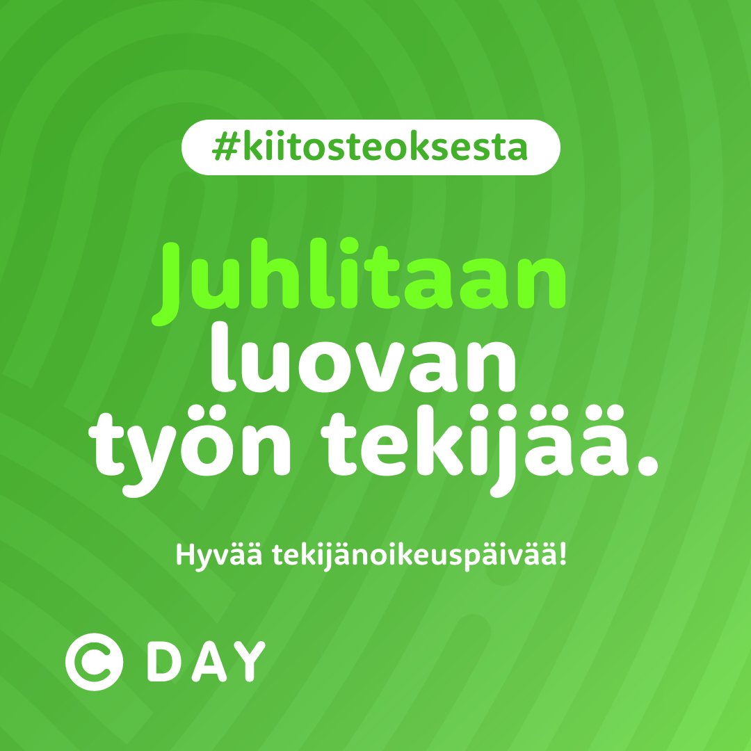 #Tekijänoikeuspäivä 'ä vietetään perjantaina 26.4. ja tekijänoikeusviikkoa koko kuluvan viikon! 💚 Päivä juhlistaa luovan työn tekijöitä ja muistuttaa, että tekijänoikeus on koko luovan talouden kivijalka.

Lue lisää #cday 'sta: luovat.org/cday/
@Luovatry #Kiitosteoksesta