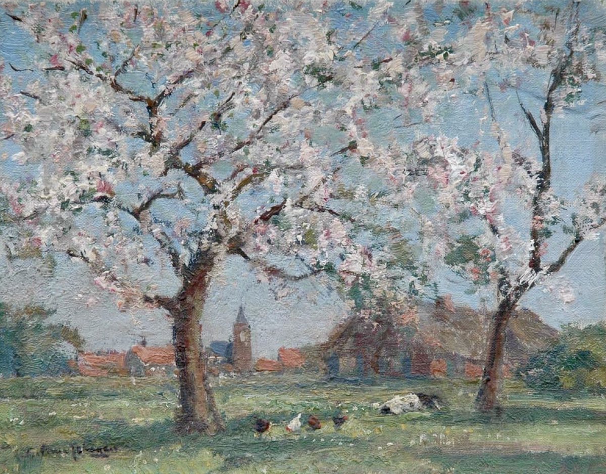 Gerbrand Frederik van Schagen (1880-1968)
   - 
Kippen onder bloesembomen. 

olieverf op doek