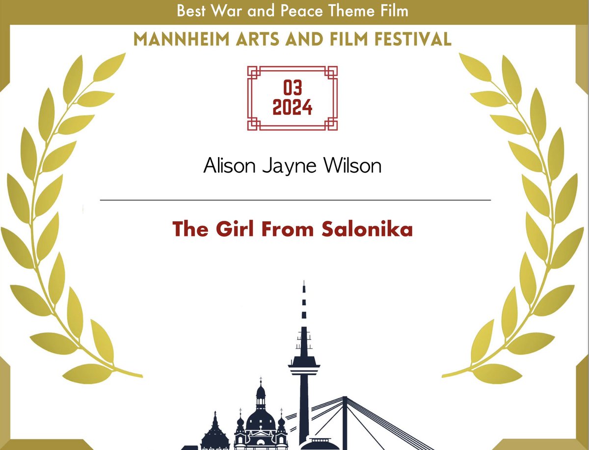 FilmmakerAlison's tweet photo. My documentary short The Girl From Salonika has won "Best War and Peace Theme Film" at Mannheim Arts & Film Festival. Thank-you for the recognition and the opportunity to share Mazaltov ´Fofo´ Behar's true story.
#Holocaust #WeRemember #medicalethics
@claimsconference #shoah https://t.co/BPnyiQ4Hkx