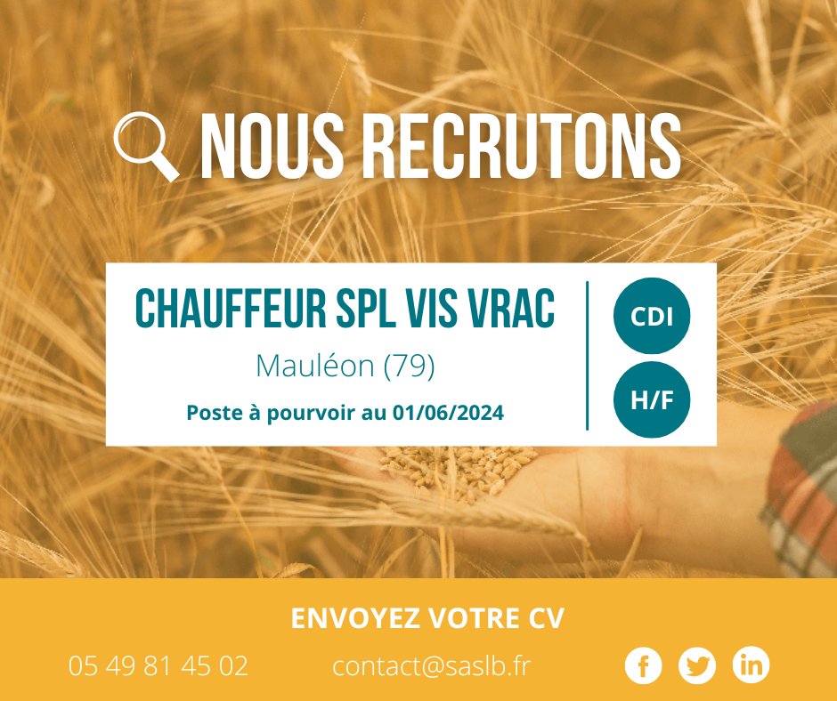 📢 NOUS RECRUTONS au poste de CHAUFFEUR SPL VIS VRAC H/F | Situé à Mauléon.

Retrouvez l'offre sur notre site internet : 
lamybienaime.fr/nous-rejoindre…

▶ Poste à pourvoir au 01/06/2024