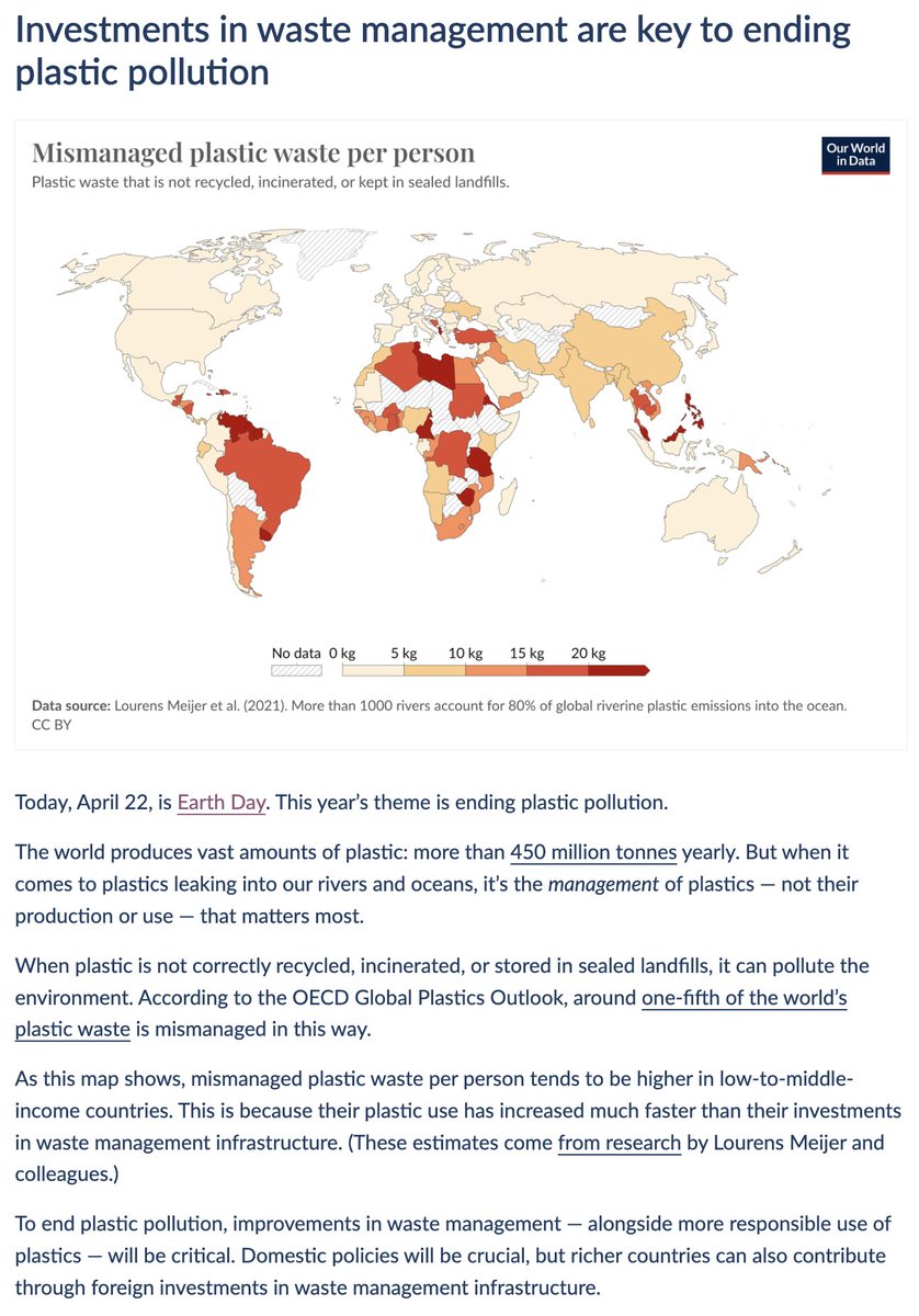 Investments in waste management are key to ending plastic pollution Today's data insight is by @_HannahRitchie. You can find all of our Data Insights on their dedicated feed: ourworldindata.org/data-insights #EarthDay