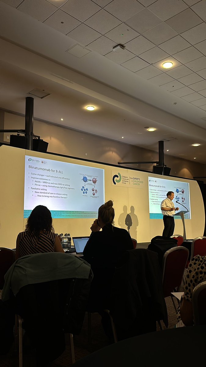 <a href="/AngusHodder/">Ångus Hodder</a> <a href="/GreatOrmondSt/">Great Ormond Street Hospital for Children</a> is first up talking about blinatumomab for first line treatment for children and young people with B-ALL. Read the paper here ascopubs.org/doi/abs/10.120… #cclg2024