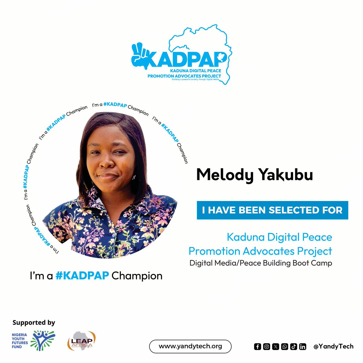 I’m excited to announce that I’ll be joining the #KADPAPChampion Supported by @ngyouthfund & @LeapAfrica! 
I can’t wait to spend this year learning, growing, and using peace-building to impact change. 
#KADPAPChampion
 #KADPAP
 #YandyTechCommunity #TheNigeriaWeWant