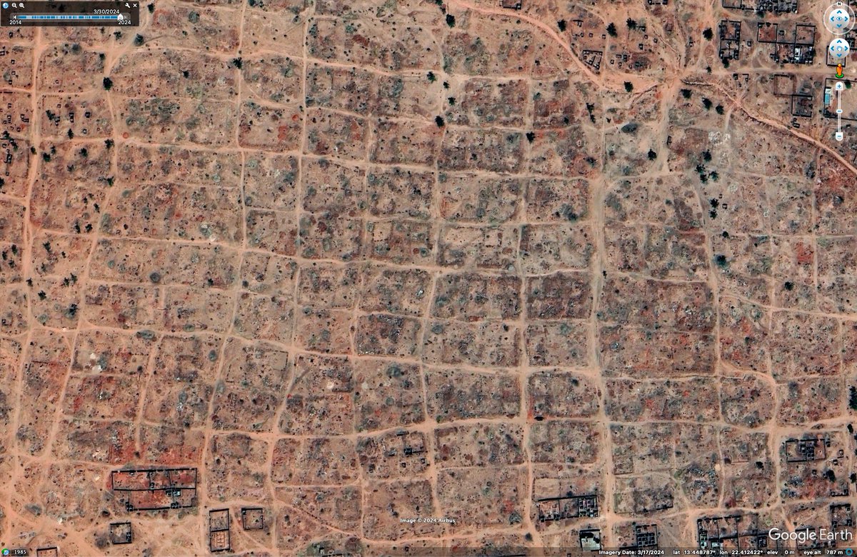 Google Earth has updated its satellite imagery of many parts of Sudan. Looking over West Darfur city of El Geneina, I am shocked at the level of destruction. In some parts, whole areas have been destroyed and cleared. Location: 13.4469, 22.4151 (dates: April 2023 & March 2024)