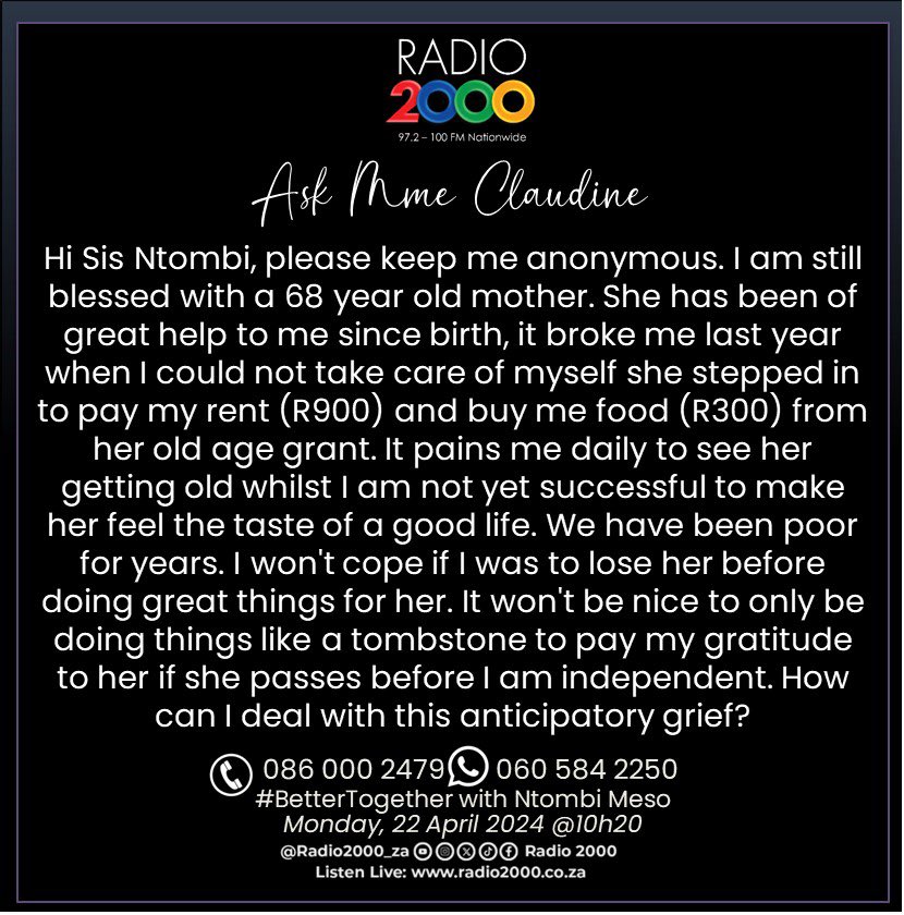 [NEXT] #AskMmeClaudine 

Mme Claudine joins us next to assist anonymous best navigate the situation she finds herself in.

#BetterTogether #Radio2000