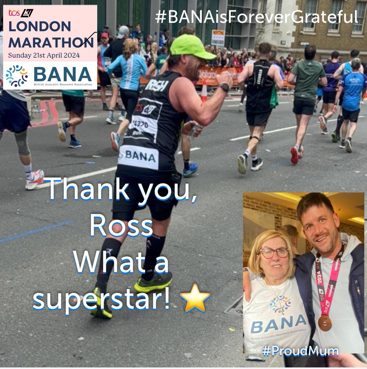 A huge thank you to Ross McCreery for running the London Marathon and raising awareness and funds for @BANAUK … what a superstar! 👏👏👏 #ThankYou #BANAisForeverGrateful #ProudMum Joan McCreery 💙⭐️👏