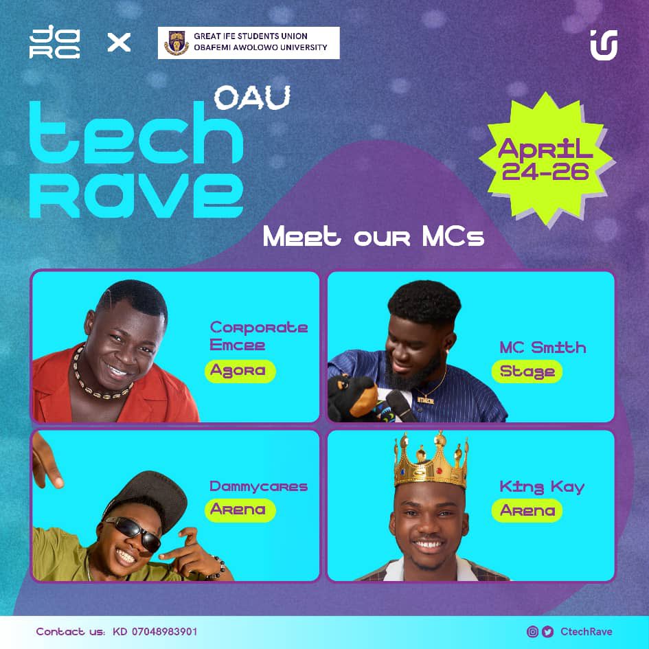 CtechRave's tweet photo. techRave OAU is a 3-day open-air festival curated for techies and creatives on Nigerian campuses by JARG Events Inc. 

📅 April 24th to 26th

📍24th and 25th April - *IGI x Akintola Car Park*
📍26th April - *ICT Conference Center*

⏰12pm Daily https://t.co/Uujasp7t5G