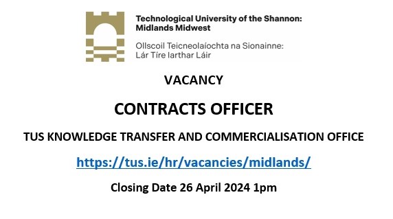 Exciting Job Opportunity🔬⭐️! The Knowledge Transfer and Commercialisation Office at @TUS_ie is currently recruiting for a Contracts Officer to be based primarily in Athlone. If interested in applying click here: tus.ie/hr/vacancies/m…