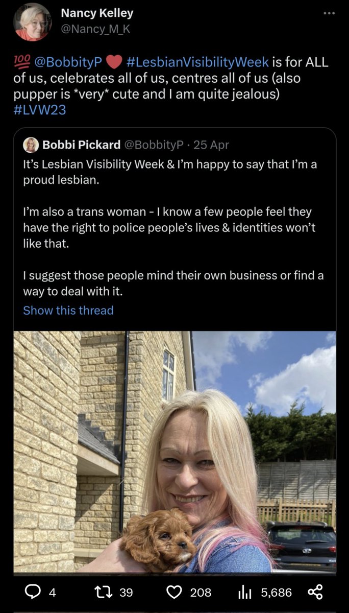 .@Nancy_M_K platformed a straight cross dressing man @BobbityP on lesbian visibility week last year. This is what homophobia looks like.

No man is a 'proud lesbian'. For genuine LGB support, look to @AllianceLGB.

#LVW24
