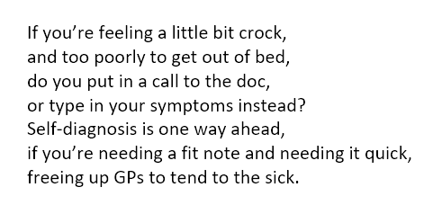 AnnaQuarendon's tweet photo. #Quangleverse #verse #poetry #rhyming #writing #septet #Sicknote #fitnote #GP #NHS #selfdiagnosis https://t.co/q8pQE24CVs