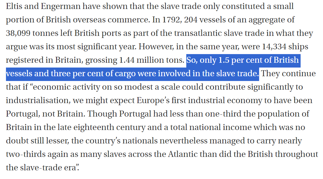 Představa, že otroctví způsobilo bohatství UK (nebo Evropy celkově) je scestná.

Důvod, proč je ta teorie populární je ten, že levice nemá představu o tom, jak vzniká bohatství a navíc nemůže připustit, že by Západ byl úspěšný díky svým schopnostem. 

Ten úspěch nemůže popírat,