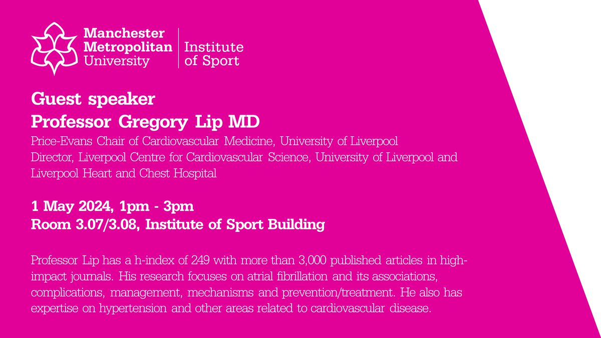 Happening next week: Professor Gregory Lip (Price-Evans Chair of Cardiovascular Medicine and Director of @LiverpoolCCS) will be joining us as a guest speaker. 1pm, 1 May, room 3.07/3.08, Institute of Sport Building. All welcome, no registration required.