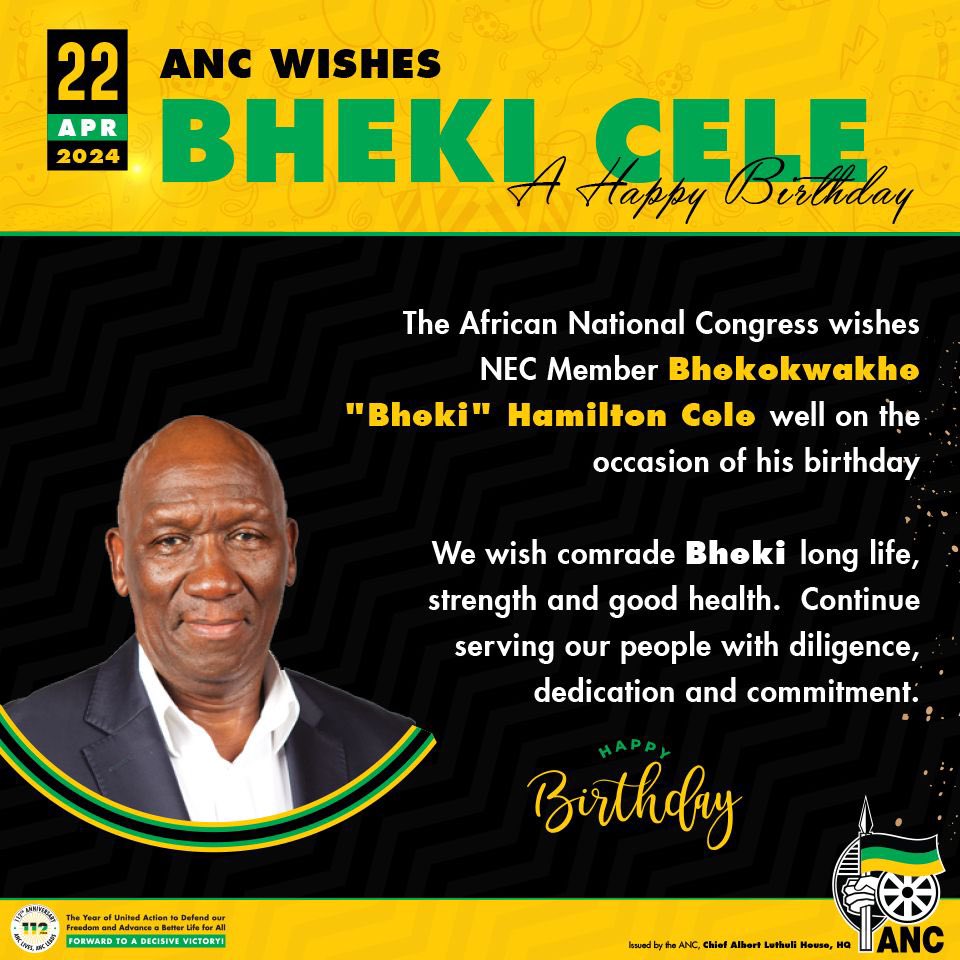 The African National Congress wishes NEC Member Bheki Hamilton Cele well on the occasion of his birthday!