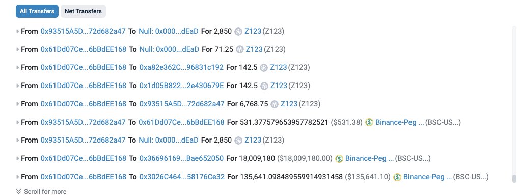 🚨SlowMist Security Alert🚨 We detected potential suspicious activity related to $Z123. bscscan.com/address/0xb000… As always, stay vigilant!