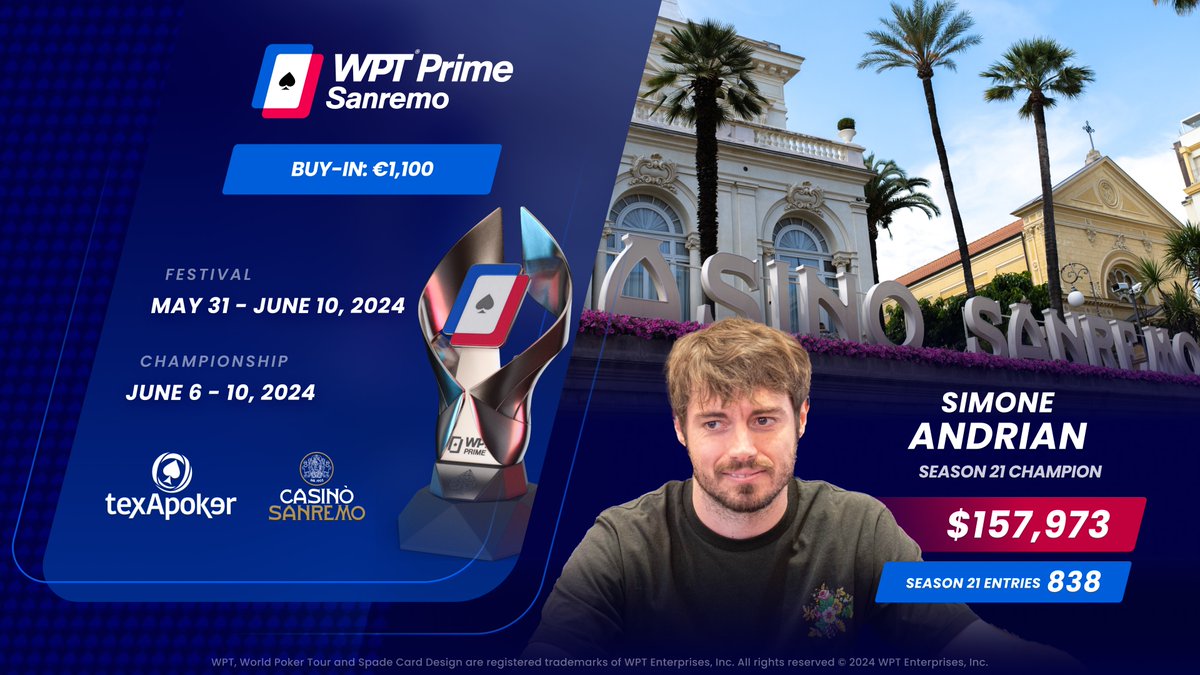 We are going back to San Remo in June for @WPT Prime San Remo! 🇮🇹 @CasinodiSanremo is an absolute masterpiece on the Italian Riviera...⛵ And the @WPTPrime winner last year got home with over $157k 💸 You should check it out: 👀worldpokertour.com/event/copy-2/?…