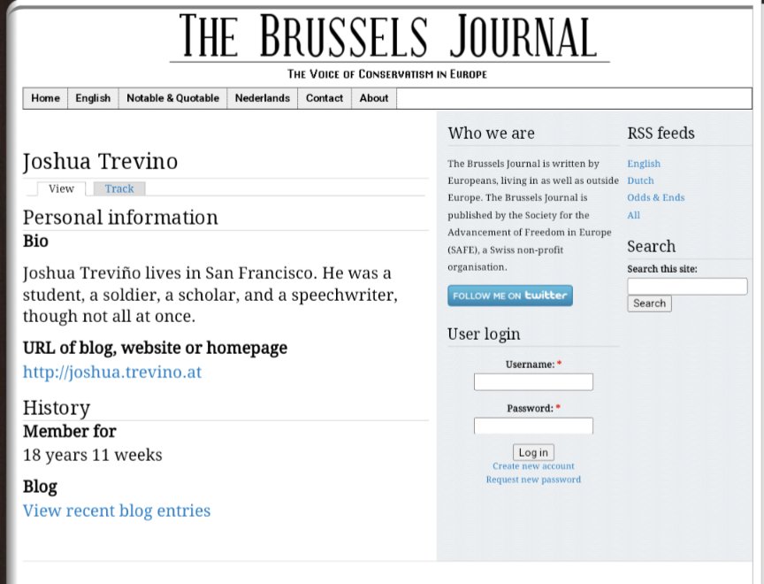 Wau! @jcervera_ entrevista a un señor que escribe en 'The Brussels Journal', un medio en inglés controlado por los neonazis del Vlaams Belang flamenco. Treviño también ha tenido relaciones con los ultraderechistas neonazis británicos del BNP. Supremacista blanco, homófobo, todo.