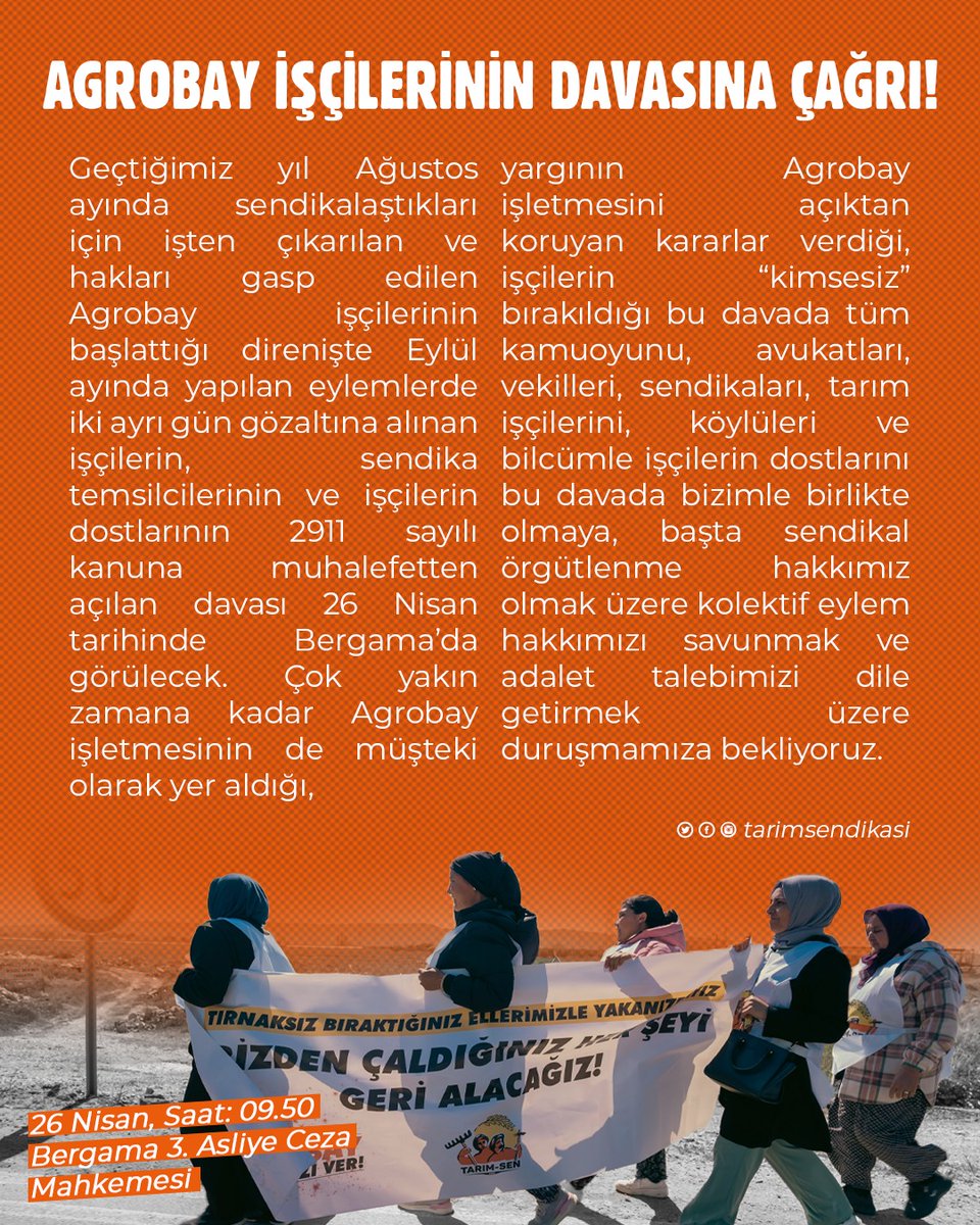 AGROBAY İŞÇİLERİNİN DAVASINA ÇAĞRI! Haklarımızı almak için yürüttüğümüz direniş sürecinde yaptığımız eylemlerden dolayı hakkımızda açılan davanın ilk duruşmasına tüm kamuoyunu ve işçilerin dostlarını bekliyoruz. 🏛Bergama 3. Asliye Ceza Mahkemesi 📆26 Nisan 🕒09:50