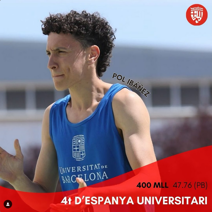 Dos atletes del @barcelonaatletisme han representat a la Universitat de Barcelona al Campionat d’Espanya Universitari‼️🎓

🏅🍫 POL IBÁÑEZ ha acabat en 4a posició i amb una nova marca personal de 47”76.

🤩🔥 BERNAT SERVERA ha finalitzat 11è amb 11”29

Enhorabona a tots dos!!💪🏼