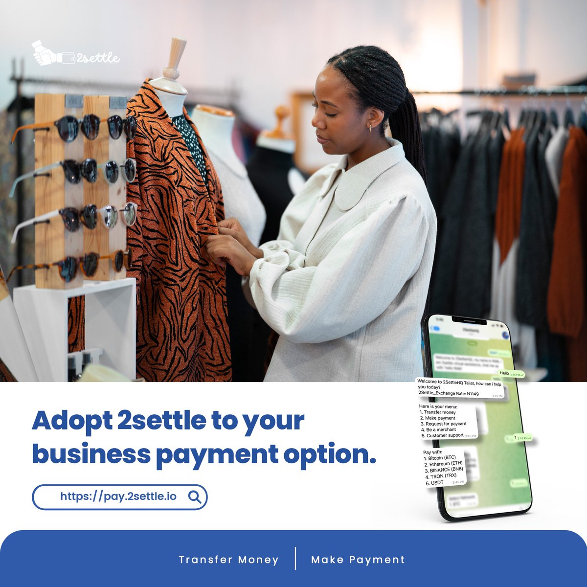 Small businesses, medium enterprises and big establishments can all use 2Settle for settling payment. Adopt 2Settle to your already existing payment options today, this time with a difference of paying with #btc #ETH #TRX #USDT #BNB Chat wale now @SettleHQ_bot to get started.
