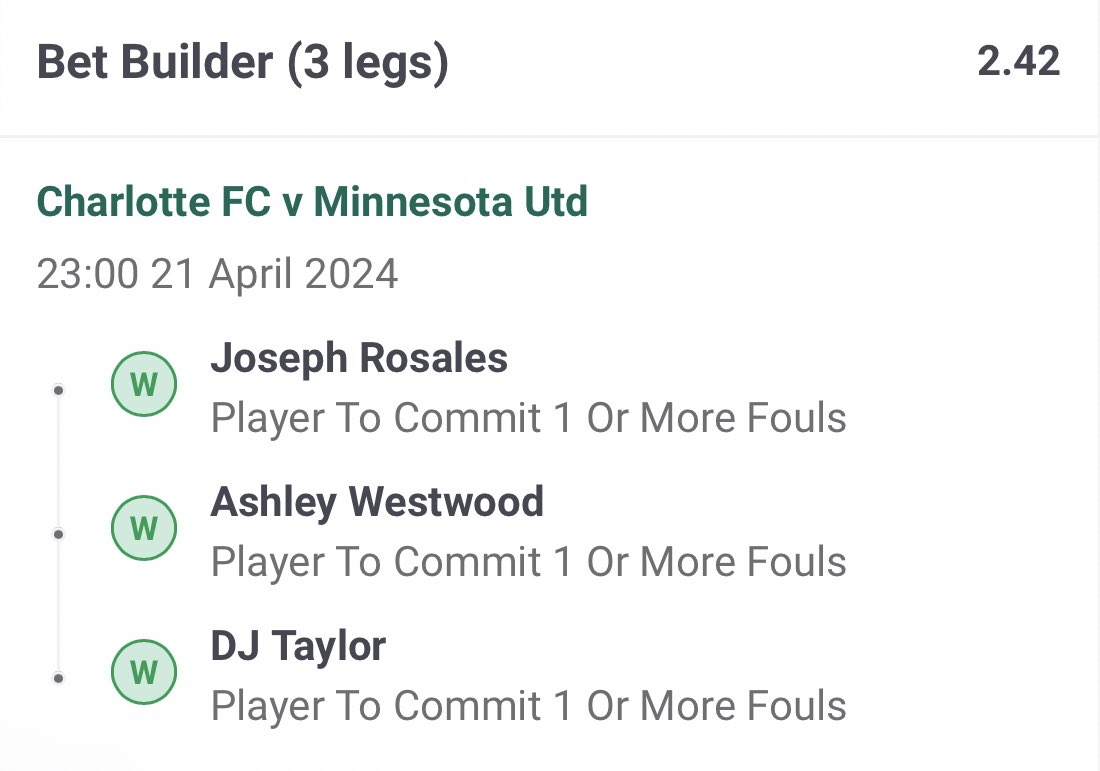 BOOOOOOM!!!! WE GET A WINNER WITH OUR BET BUILDER✅🔥🔥 Westwood, Rosales & Taylor all made a foul @ 2.4/1✅🔥🔥🔥 #CLTvMIN #MLSSeasonPass #GamblingX