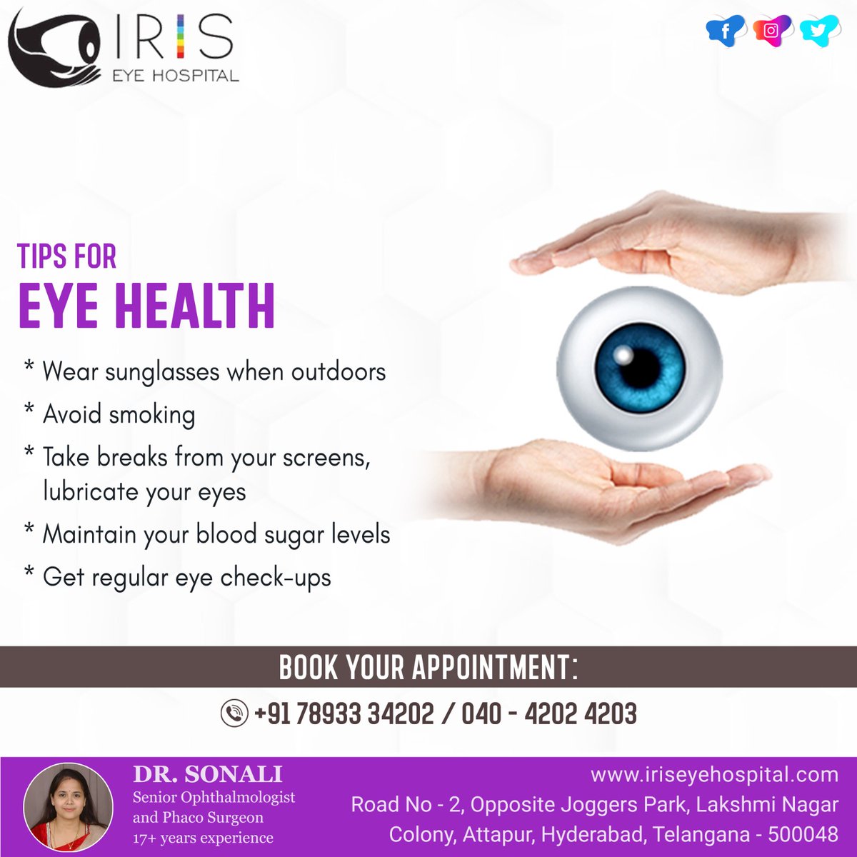 Protect your vision! Wear UV-blocking sunglasses, take screen breaks, eat leafy greens, and get regular eye exams. Your eyes deserve the best care.
 
 #DrSonali #Ophthalmologist #EyeSurgeon #IrisHospital #Attapur #Telangana #AdvancedCataractSurgery #MultiFocalLens #NoMoreGlasses