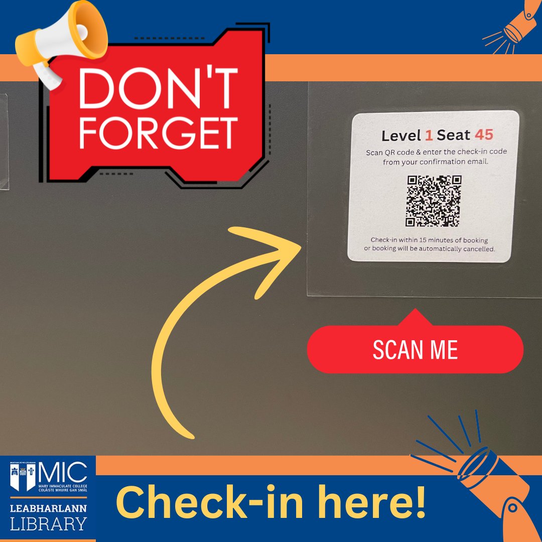 miclibraries's tweet photo. Don't forget to check-in once you've sat in your booked seat!

Bookings automatically cancel after 15 minutes so beware! Too many cancellations may result in a week-long ban.

#miclimericklibrary #micstudents #seatbookings #checkin #scantheqrcode https://t.co/buoVJ8wxbC