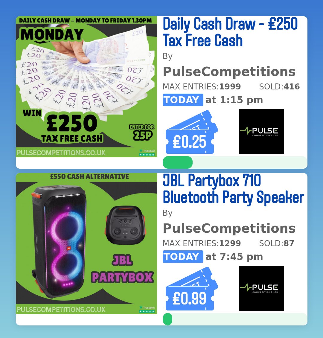 Check these competitions out on competitioncountdown.live ! 
JBL Partybox 710 Bluetooth Party Speaker
Daily Cash Draw - £250 Tax Free Cash

 Competition Countdown does not run any competitions, we just show you all the best one is one place! 🔥🔥 WOW 👀 
 
 #competitioncoun...