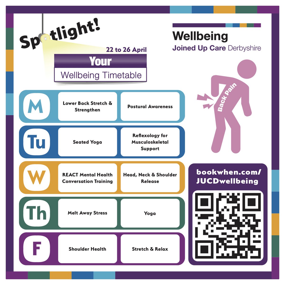 Your JUCD Wellbeing Timetable delivers a wealth of support to keep colleagues healthy, safe & well. During #StressAwarenessMonth we're shining a spotlight on a range of sessions promoting physical & emotional health, to help you best manage stress. ➡️ bookwhen.com/jucdwellbeing