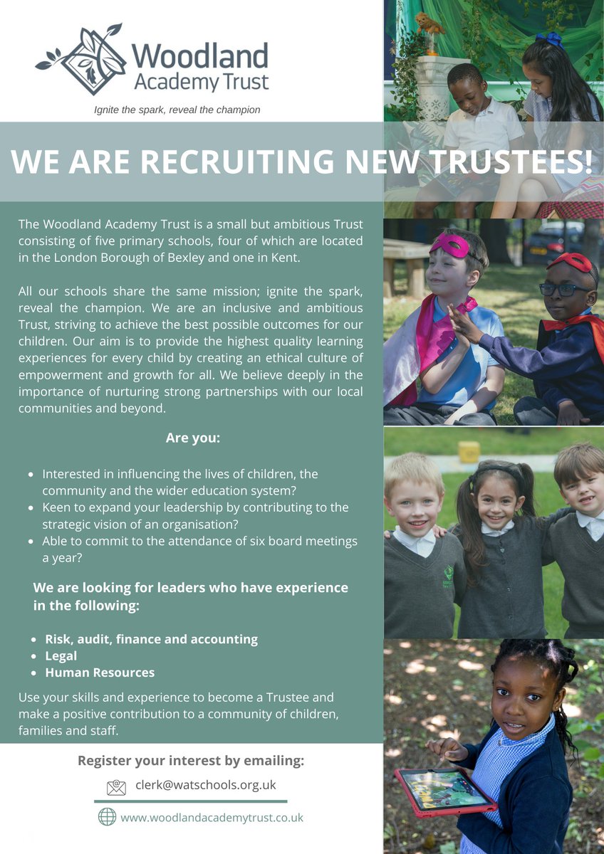 We are seeking passionate new trustees to join our board! Make a real difference and be part of a collaborative team working towards a shared vision. Visit our website to register your interest or email clerk@watschools.org.uk woodlandacademytrust.co.uk/join-us/become… #Trustee #Governance