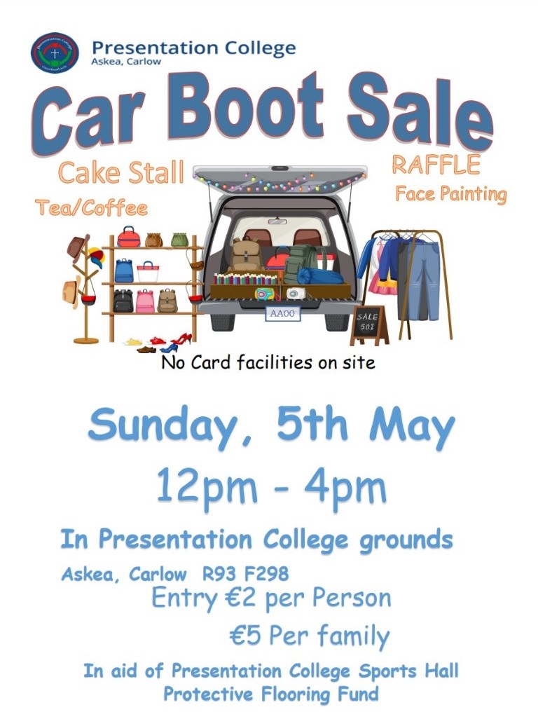 The Parents’ Council of @Pres_Carlow is holding a #CarBootSale on Sunday, May 5th in the school grounds. All support welcome! @CeistTrust @CWnationalist @Carlow_Co_Co