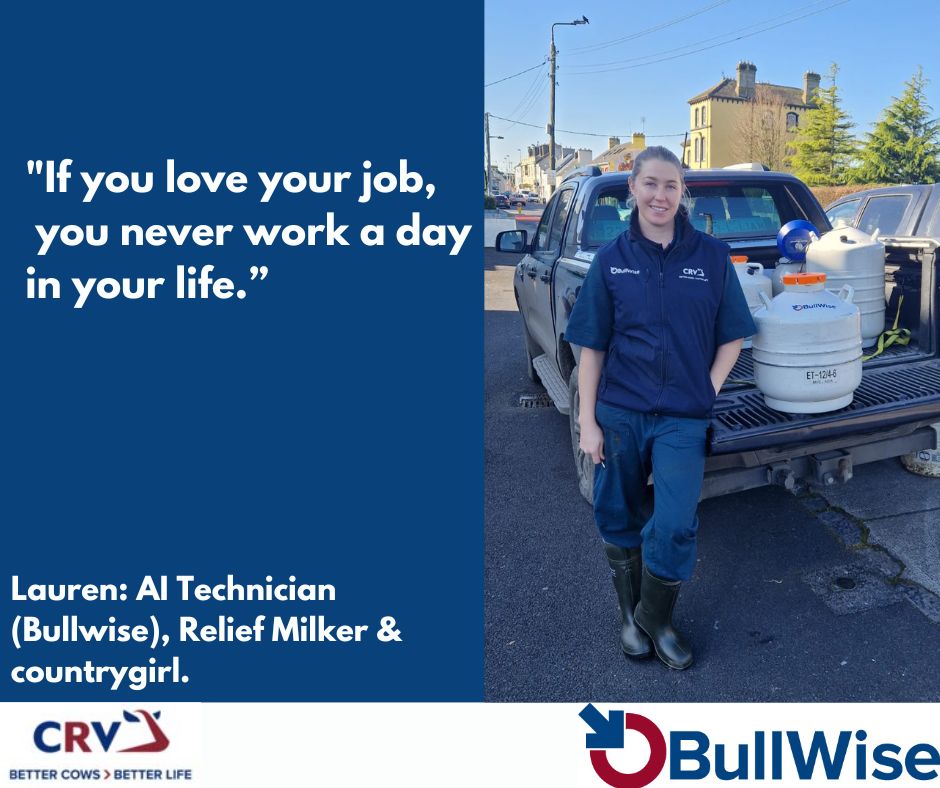 Lauren O'Connor: AI Technician, Relief Milker & Countrygirl: now entering her 5th year of AI in Ireland...

'Being an AI technician is great, seeing different farms succeeding, in different ways with different genetics and systems.'

#Breeding24 #BullWiseAI #TeamDairy #CRV4ALL
