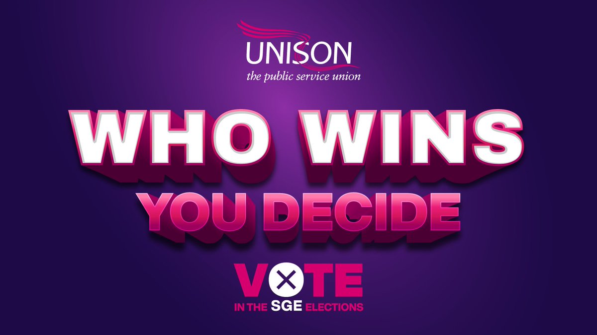 🚨UNISON's SGE elections open today 🚨 Who wins? You decide - 🗳️Vote by email or by post Our Service Group Executives decide what campaigns to run on pay, terms & conditions, funding for public services and can take decisions on strike ballots & strike days.