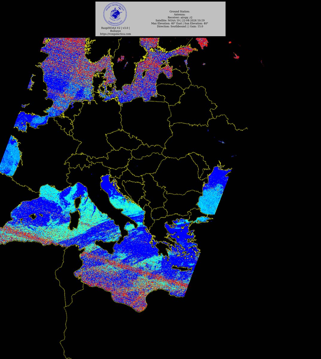 🇷🇸 NOAA 19 22-04-2024 09:28 CEST Max Elev: 40° E Sun Elevation: 40° Gain: 15.0 | Southbound #NOAA #NOAA15 #NOAA18 #NOAA19 #MeteorM2_3 #MeteorM2_4 #weather #weathersats #APT #LRPT #wxtoimg #MeteorDemod #rtlsdr #gpredict #raspberrypi #RN2 #ISS