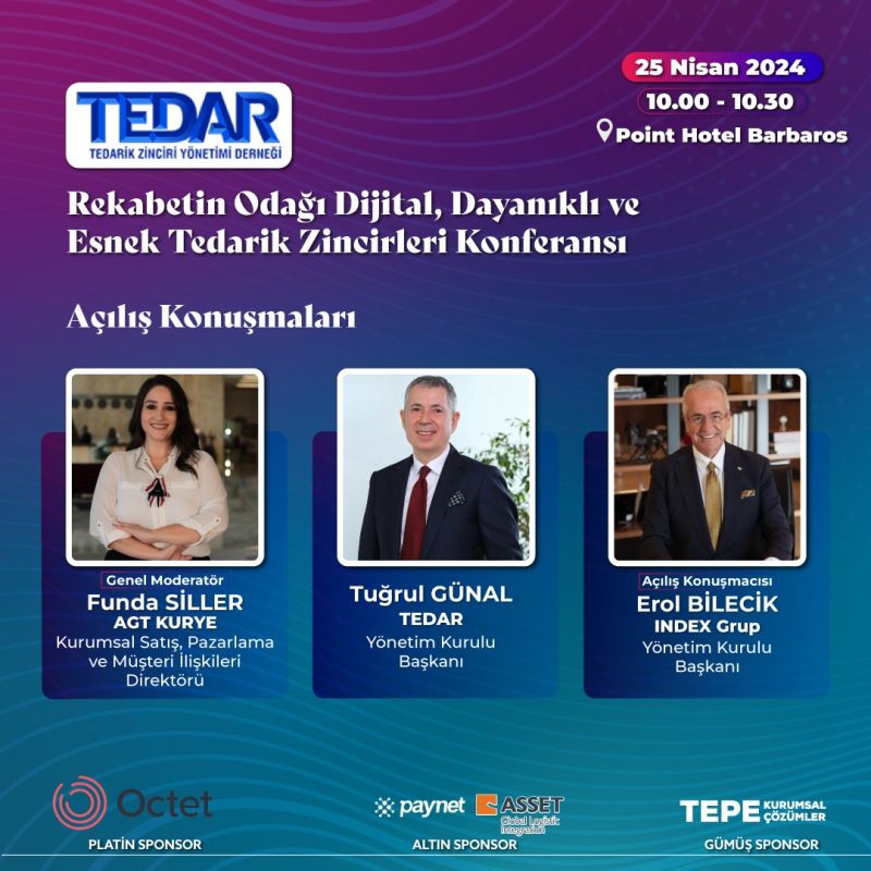 Üyesi olduğumuz TEDAR Rekabetin Odağı Dijital, Dayanıklı ve Esnek Tedarik Zincirleri Konferansı Point Barbaros Hotel’de 25 Nisan'da AGT Courier Services (AGT) Kurumsal Satış, Pazarlama ve Müşteri İlişkileri Direktörü Sayın Funda Siller genel moderatörlüğünde başlayacaktır.