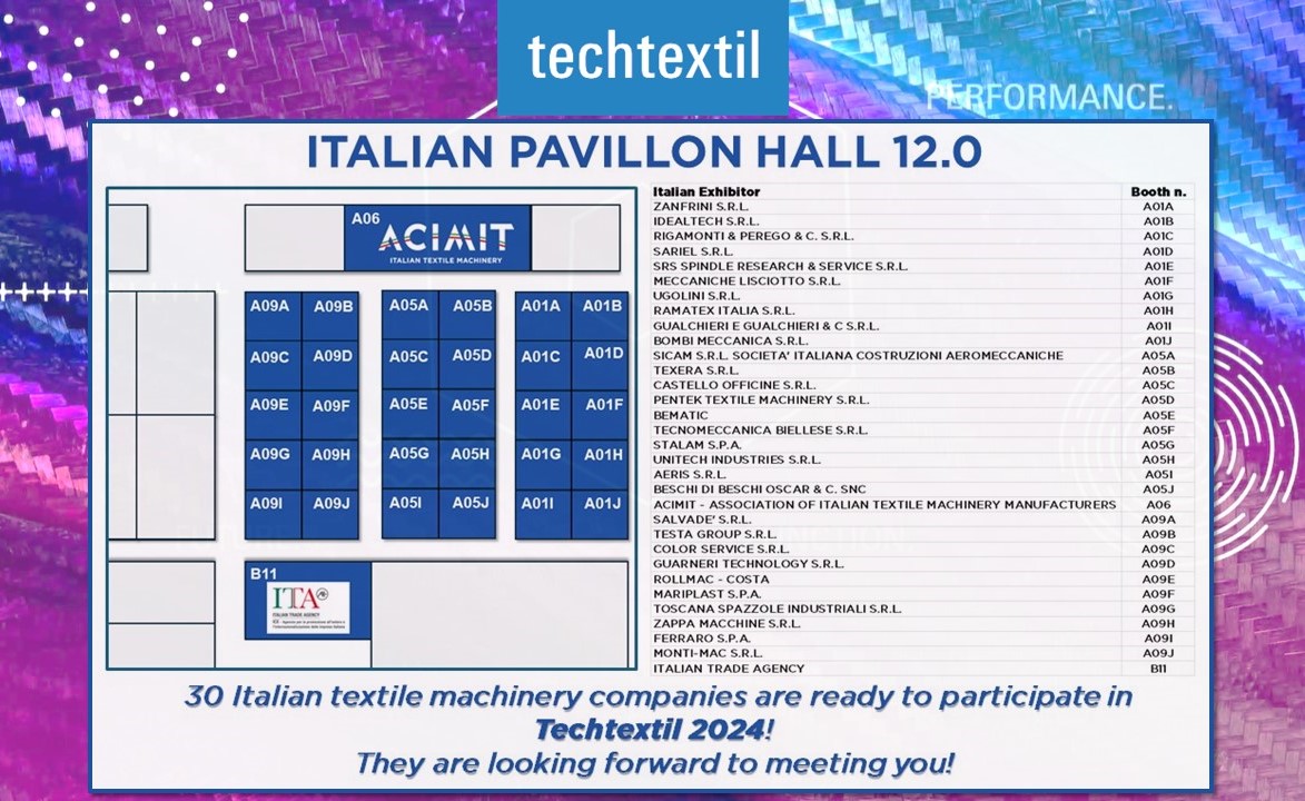 ACIMIT_info's tweet image. #Techtextil2024 will start tomorrow! Enjoy us at Italian pavillon HALL 12.0 booths A01, A05 and A09!