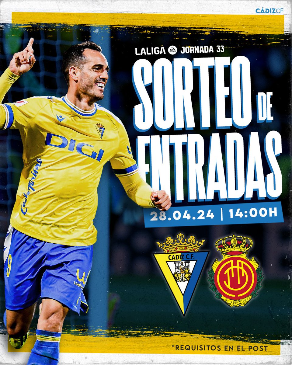 💛💙 ¡ATENCIÓN SORTEO! 

¿Quieres venir gratis al #CádizRCDMallorca junto a un acompañante? 

¡Sorteamos dos entradas! 

Participa en el sorteo:
* Da Me gusta y RT a esta publicación.
* Menciona a la persona con la que vendrías al partido.