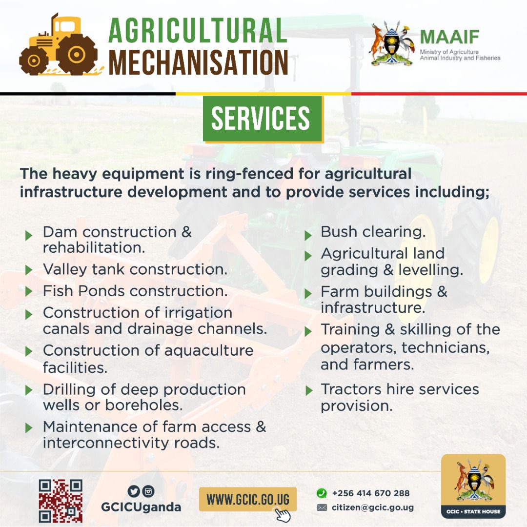 Heavy equipment is used for agricultural infrastructure development, including dam construction, fishpond construction, irrigation canal construction, aquaculture facilities, drilling wells, farm road maintenance, bush clearing, land grading, farm buildings, training. #OpenGovUg