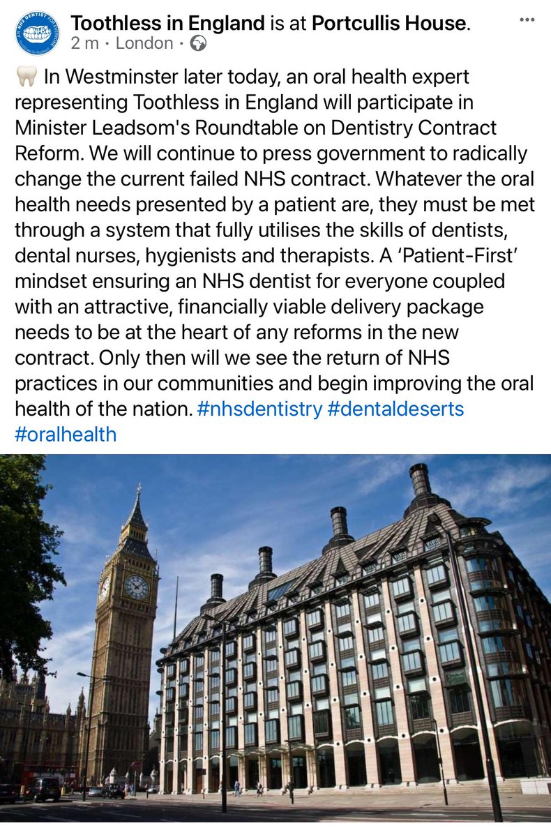 🦷 In Westminster later today, an oral health expert representing Toothless in England will participate in Minister Leadsom's Roundtable on Dentistry Contract Reform. We will continue to press government to radically change the current failed NHS contract. #nhsdentistry 
🧵1/3