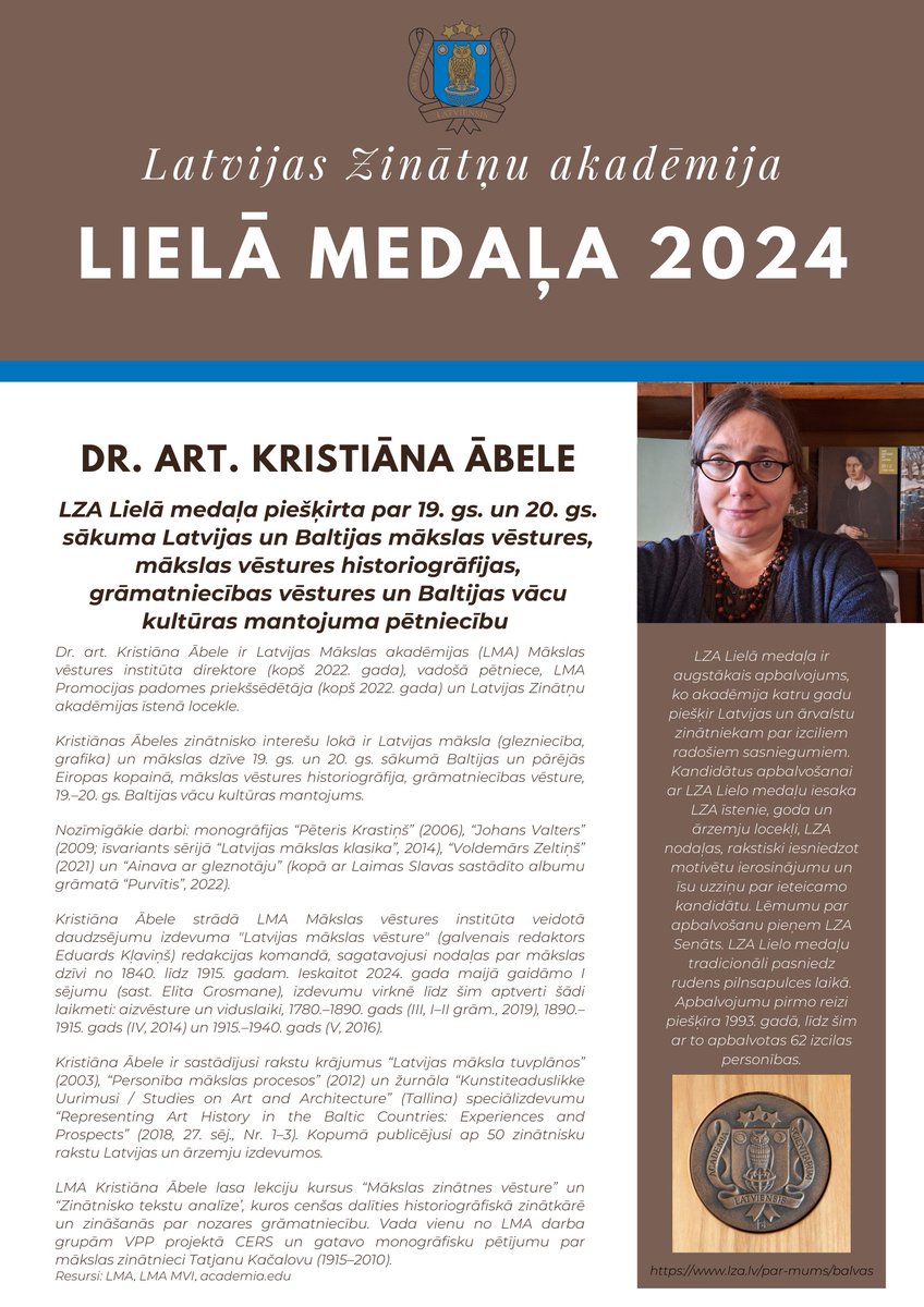 @LZA_LV Lielā medaļa 2024. gadā piešķirta Dr. pharm. Maijai Dambrovai un Dr. art. Kristiāna Ābelei! Apsveicam! Vairāk: lza.lv/aktualitates/j…