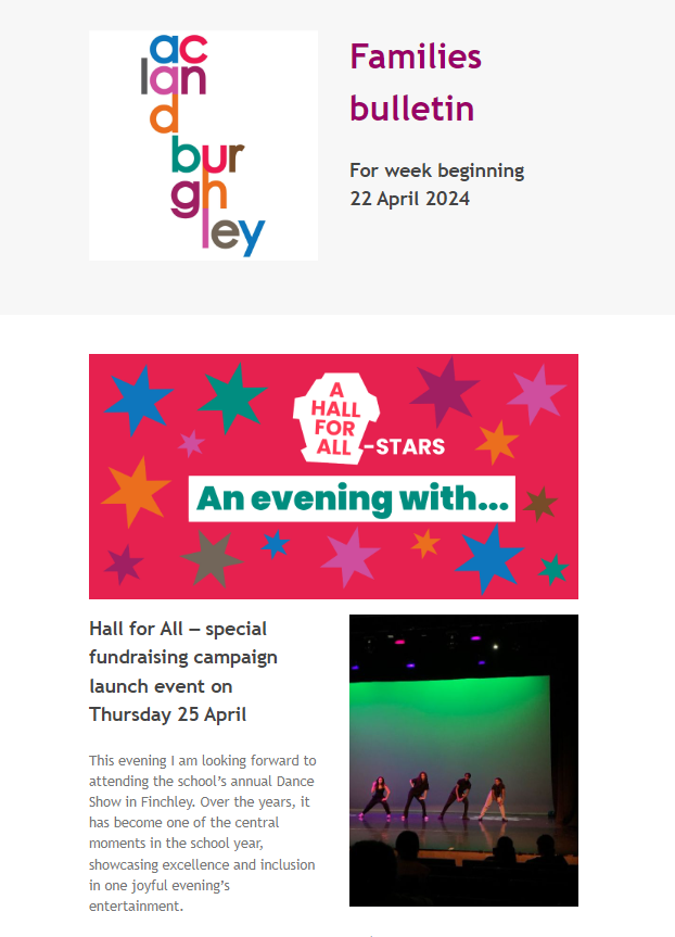 The latest issue of the Families bulletin includes an invite to an evening of performance, music and comedy for A Hall for All this Thursday, the new canteen menu and upcoming clubs: mailchi.mp/d38aa23e3cbd/t…