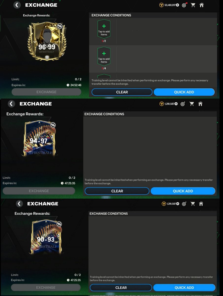 TOTS EXCHANGES! 🏆 › 90–93 TOTS LIVE (Nominee) › 94–97 TOTS x2 or x3 › 96-99 OVR Icon ℹ️: @artemii4fifa @Sappurit