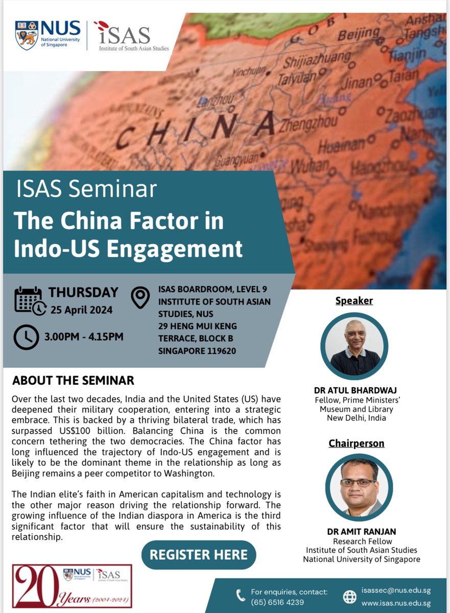 The China Factor in Indo-US Engagement. Join us on 25th April. Registration link: eventbrite.sg/e/isas-seminar… @AtulBeret