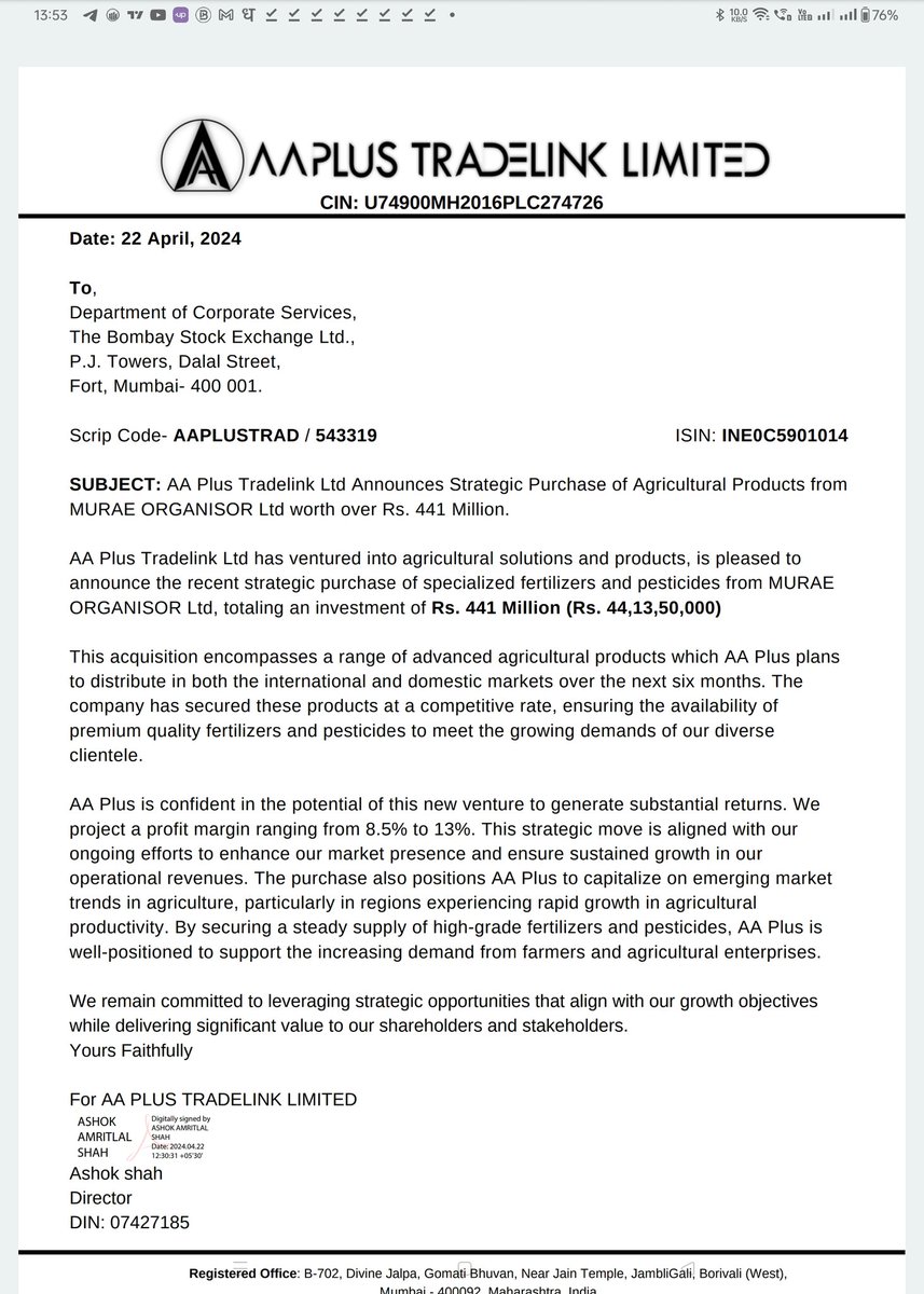 Stockxwatcher's tweet photo. Stock: AA Plus
AA Plus Tradelink Ltd Announces Strategic Purchase of Agricultural Products from
MURAE ORGANISOR Ltd worth over Rs. 441 Million.
#AAPlus #stockmarket #stocks #investing #trading #investment #RCBvsKKR #ONEW #PBKSvsGT #EarthDay https://t.co/C3RJ0tPdvx