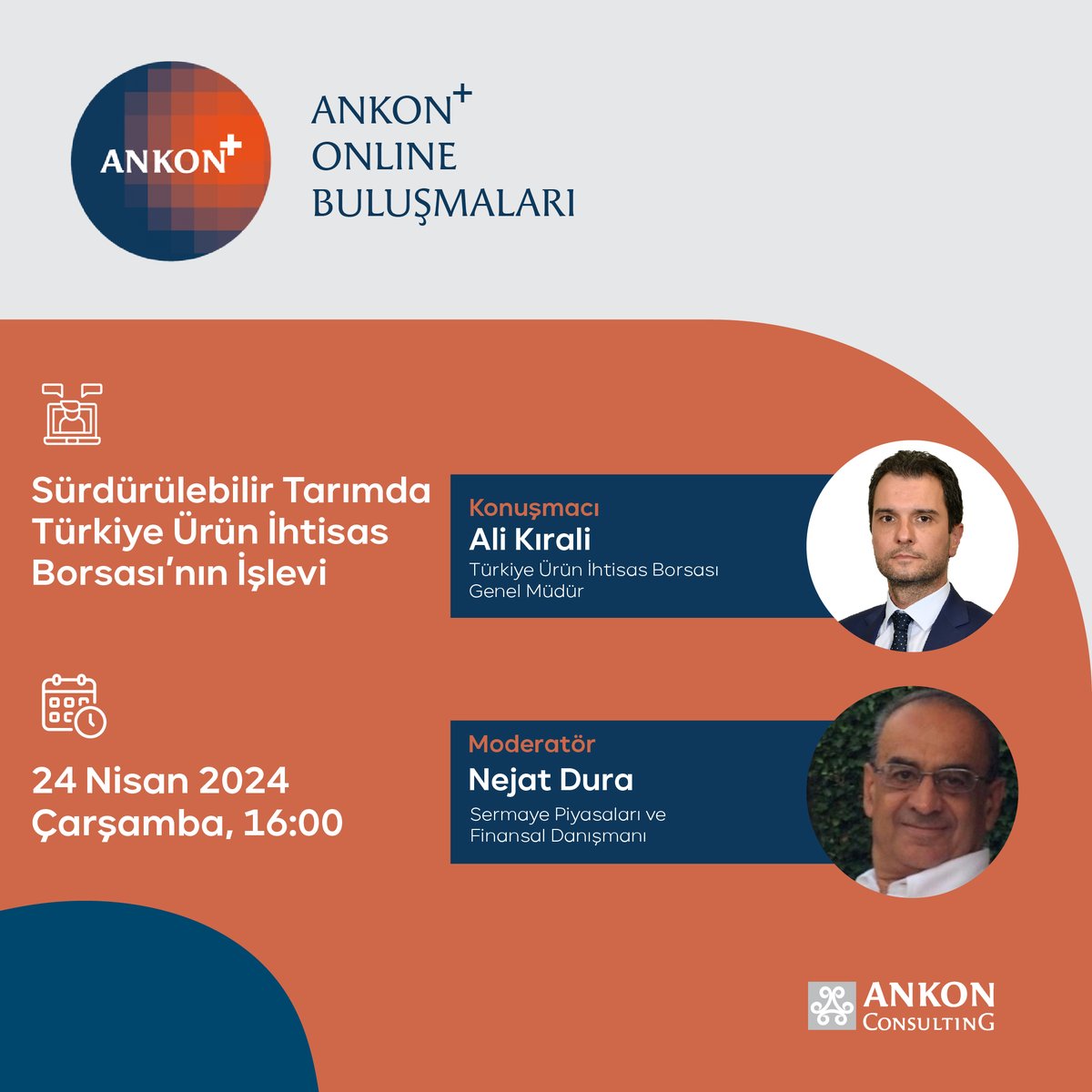 ANKON+ #Online Buluşmaları'nda 24 Nisan Çarşamba günü saat 16:00'da, Nejat Dura moderatörlüğünde ve Ali Kırali 'nin konuk olacağı canlı yayınımızda 'Sürdürülebilir Tarımda Türkiye Ürün İhtisas Borsası’nın İşlevi' başlığı altında tartışacağız. Kayıt için👇🏼 us02web.zoom.us/meeting/regist…