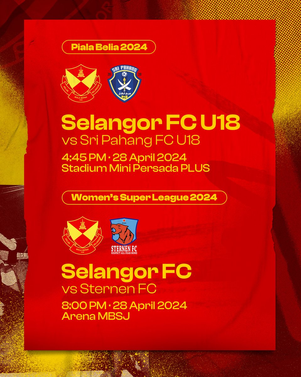 Berikut merupakan perlawanan-perlawanan yang bakal berlangsung pada minggu ini melibatkan skuad Yoodo SRG, skuad Wanita SFC dan skuad SFC B18. ⚽ Skuad SFC B18 akan memulakan kempen #PialaBelia2024 pada minggu ini menentang Sri Pahang FC B18. Selamat maju jaya! Demi Kebanggaan.