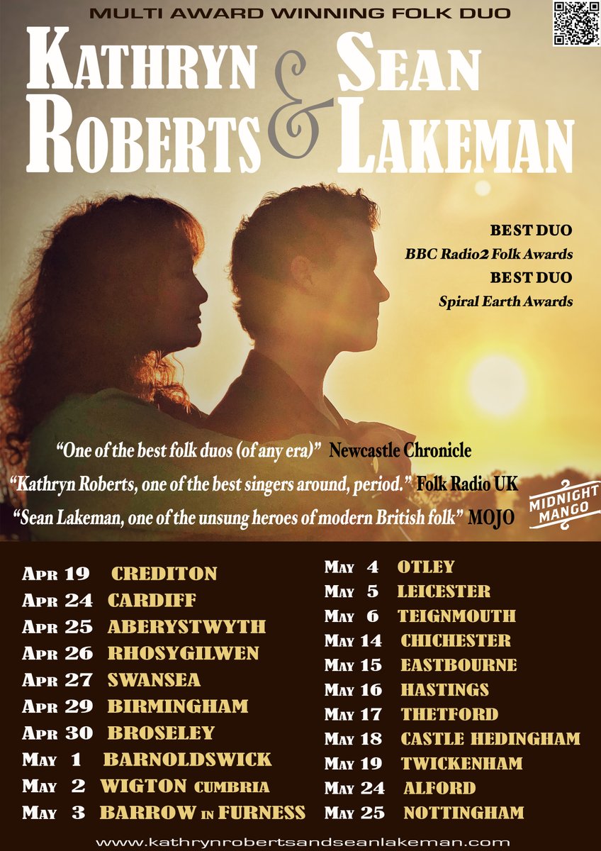 Heading out for the 2nd leg of our spring tour xx kathrynrobertsandseanlakeman.com/tour @acapelastudio Weds 24/4 @aberystwytharts Thurs 25/4 @Rhosygilwen Fri 26/4 @TaliesinSwansea Sat 27/4 @mac_birmingham Mon 29/4 #broseley #birchmeadowcentre Tues 30/4 #Barnoldswick Music & Arts Weds 1/5