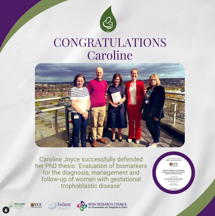 📢Huge congratulations to INFANT, @PregnancyLossIE, School of Biochemistry PhD student, @carolinemjoyce who successfully defended her #PhD. PhD title 'Evaluation of biomarkers for the diagnosis, management and follow-up of women with gestational trophoblastic disease”👏