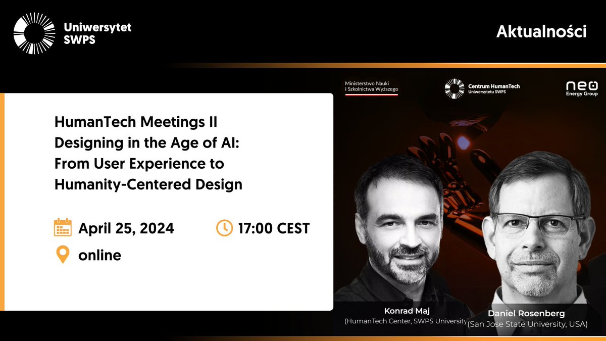 From photorealistic graphics to medical therapies: will AI design everything? Join us at the upcoming HumanTech Meeting at #SWPSUniversity, where we will delve into the role of AI in design with Daniel Rosenberg, @SJSU and Dr. @Konrad_Maj, HumanTech Center bit.ly/4d8EGlz